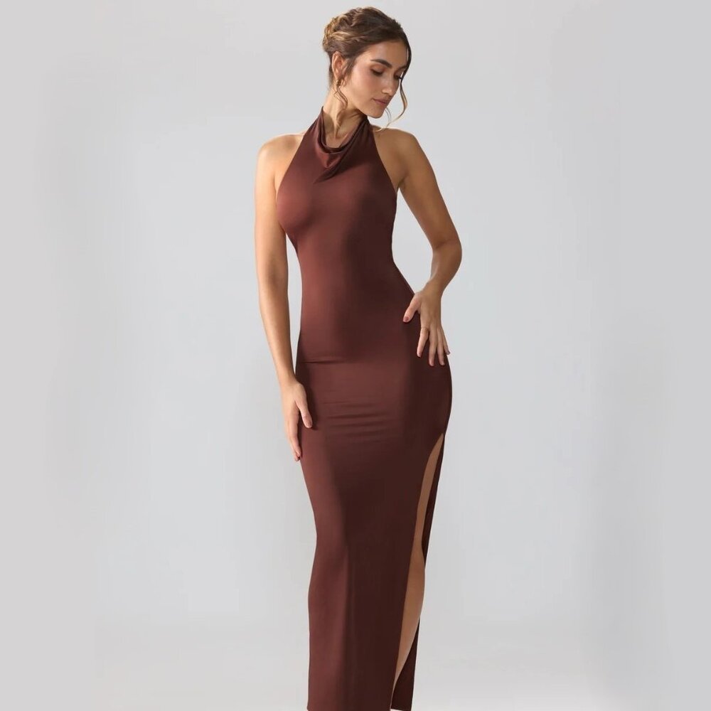 Oh Polly Jersey Cowl Neck Backless 'Anise' Maxi Dress in Espresso SIZE 4/ SMALL